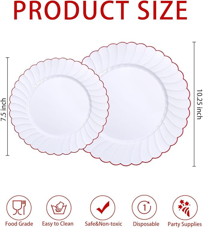 YOUBET 60PCS Red Scalloped Plastic Plates - Heavy Duty White and Red Rim Disposable Plates include 30 Hard Dinner Plate, 30 Dessert Plate for Party & Wedding