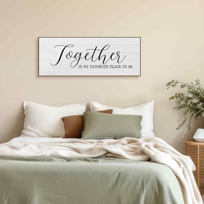 TLESKE Together Is My Favorite Place to Be Sign Large Wall Art Decor Framed 15x40, Above Bed Canvas Wall Art Decor Print for Couples Bedroom Living Room, Rustic Bedroom Love Signs Wall Picture