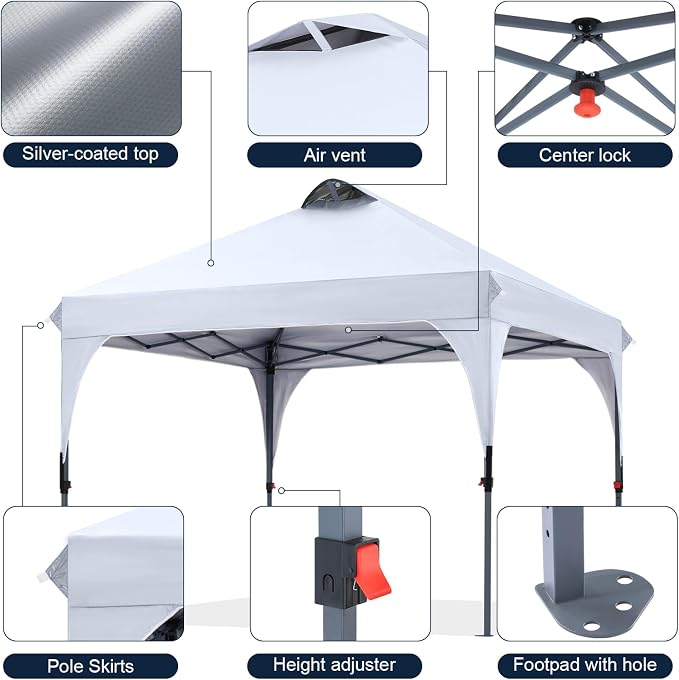 COOSHADE Pop Up Canopy Tent, 8x8 Easy Setup Instant Canopy Sun Shelter Beach Tent, Portable Sports, White