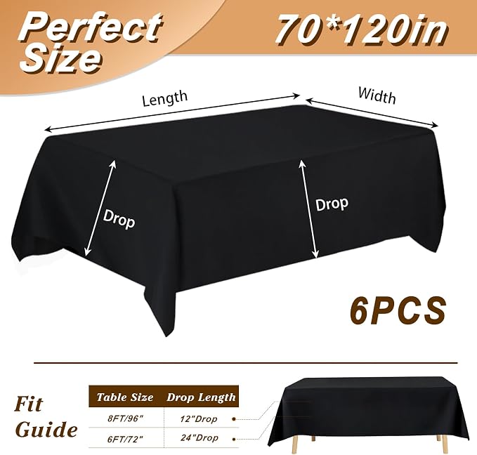 Fixwal 6 Pack Black Table Cloth for Rectangle Table, 70 x 120 Inch Polyester Fabric Tablecloths Rectangular Table Covers 6-8ft for Party, Banquet, Dining, New Year Decorations, Graduation