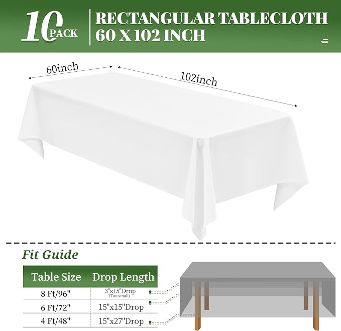 10 Pack White Tablecloths for 6 Foot Rectangle Tables 60 x 102 Inch White Table Cloth Rectangle Tables 6ft Tablecloth Linen Polyester Fabric Washable White Table Cloths for Parties Wedding Banquet