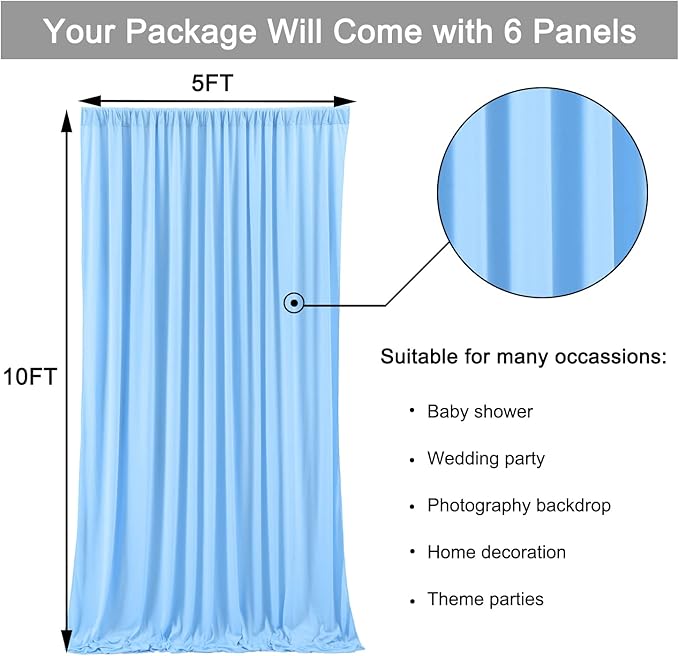 30ft x 10ft Baby Blue Backdrop Curtains for Parties, 6 Panels 5ftx10ft Thick Fabric Wedding Drapes Curtains Party Background for Baby Shower Birthday Parties