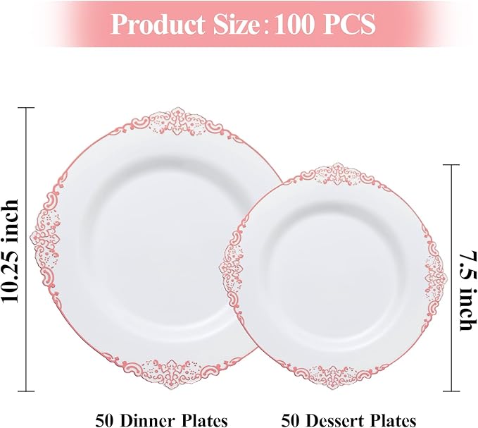 Bestluck 100 PCS White and Rose Gold Plastic Plates for 50 Guests, Rose Gold Disposable Plates Include 50 PCS Dinner Plates, 50 PCS Dessert Plates for Party, Wedding and Baby Shower