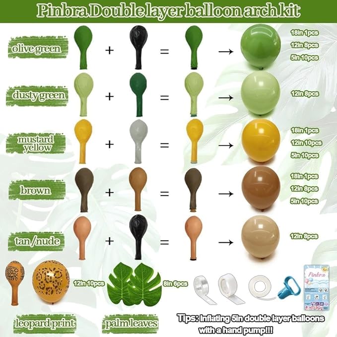 Sage Green Brown Balloons Double Stuffed Dusty Olive Green Mustard Yellow Balloon Arch Animal Print Balloons Palm Leaves for Baby Shower Birthday Safari Jungle Woodland Wild One Tropical Party Decor