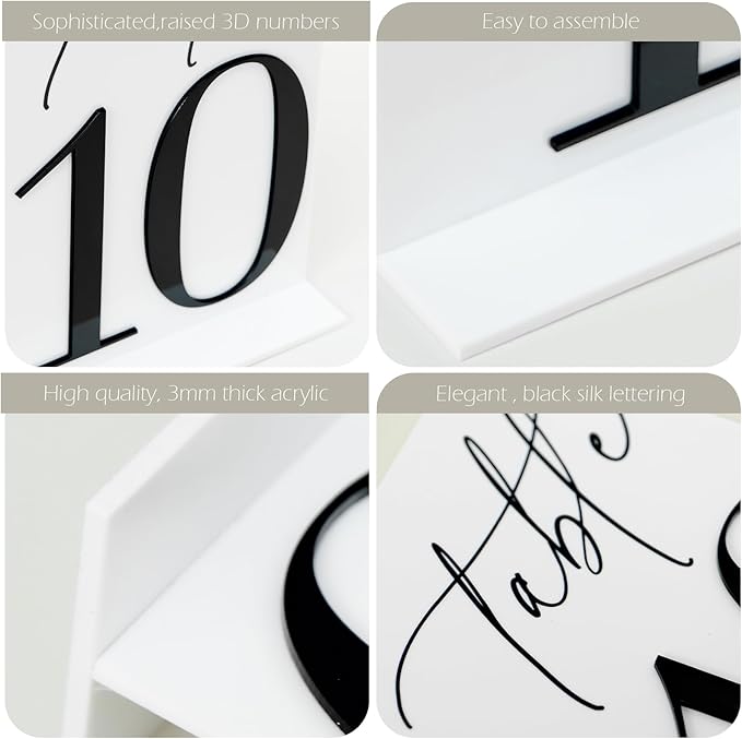 Acrylic Wedding Table Numbers 1-10 with Stands, 5"x7" White Acrylic Place Cards with 3D Black Numbers, White and Black 3D Table Numbers for Wedding Reception, Anniversary, Event