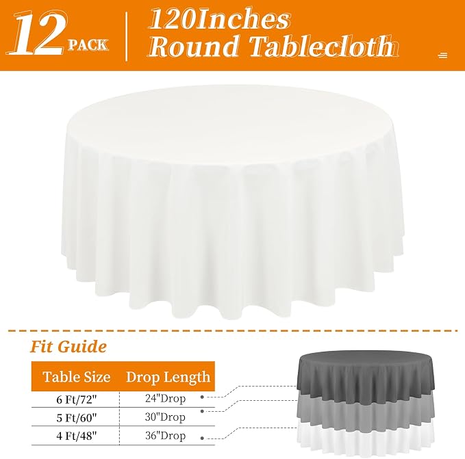 12 Pack Round Tablecloth 120 Inch - Ivory Polyester Tablecloth for Round Table, Premium Ivory Tableclothes Washable Fabric Table Cover for Wedding Party Banquet Restaurant Reception Dining