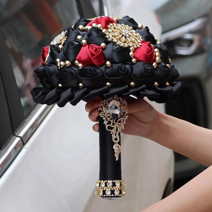 Bridal Wedding Bouquet Luxury Gold Rhinestone Brooch Bouquet for Bride Bridesmaid Quinceanera Satin Rose Artificial Flower Bouquet Wedding Black and Burgundy 8.3in