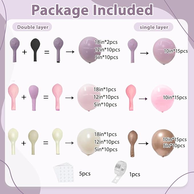 Purple Pink Beige Balloons Arch Kit, Double Stuffed Purple and Pink Balloon Garland with White Sand Lavender Rose Metallic Gold Balloons for Weddings Birthdays Party Decoration