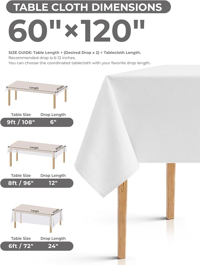 Decorelia White Washable Table Cloths for 8 Ft Rectangle Tables-4 Pack, Washable Polyester Rustic Faux Linen Rectangular Table Cloth Cover for Wedding,Outdoor,Events, Party,Banquet,Dining, 60x120 Inch