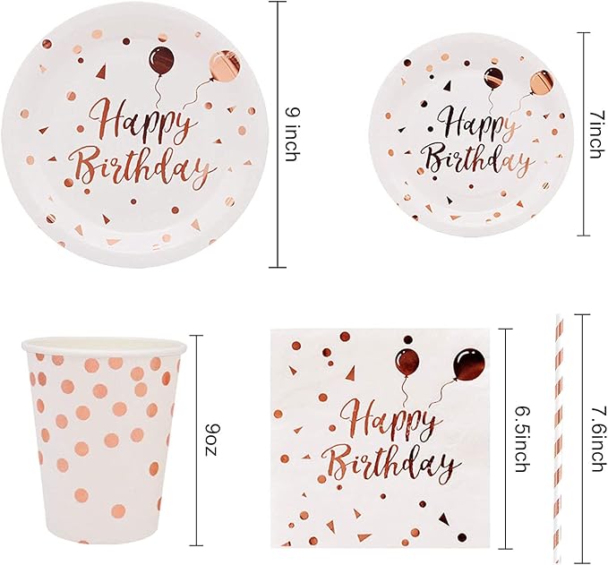 White & Rose Gold Party Supplies - Rose Gold Dots Happy Birthday Paper Plates and Napkins, Cups and Straws, Birthday Party Decorations for Girls and Women, Serves 24