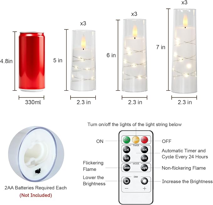 Raycare Flameless Candle with Remote Timer – 9 Flickering Acrylic Battery Operated LED Pillar Candles with Embedded Star String for Christmas, Wedding, Home Table Decor, and as a Gift (White)