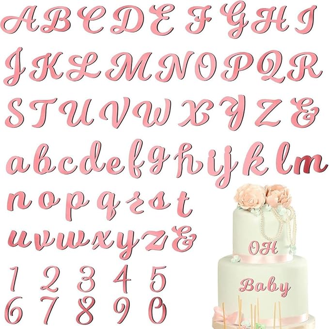 1 Box 128Pcs 63 Styles Letter Cake Topper Pink Acrylic Number Cupcake Toppers Plastic 0-9 Numbers A-Z Letters Mirrored Non Edible Rose Gold Decors for Cake Wedding Anniversary Birthday