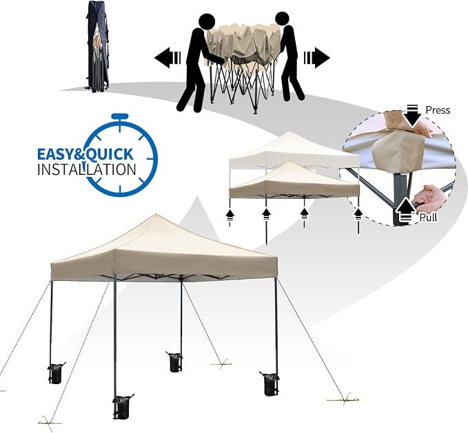 10x10 Heavy Duty Canopy Pop Up Commercial Canopy Tent, Vendor Tent with 400D Oxford Fabric for Camping Outdoor Events Parties Weddings, UPF 50+ Waterproof (Khaki)