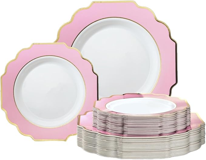 " OCCASIONS " 80 Plates Pack,(40 Guests) Heavyweight Premium Wedding Party Disposable Plastic Plates Set -40 x 10.5'' Dinner + 40 x 8'' Salad/Dessert(Imperial in Light Pink & Gold)