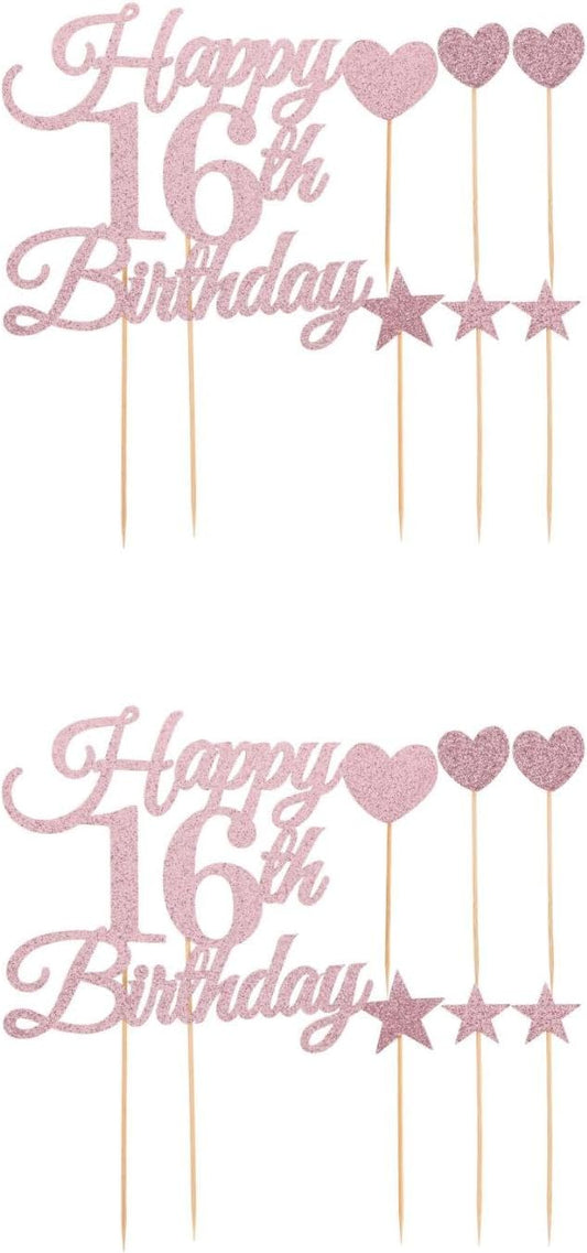 LUOZZY 2sets Happy Birthday Cake Toppers Glitter 16th Anniversary Star Heart Sign Reusable Cupcake Picks Rose Gold Party Decor