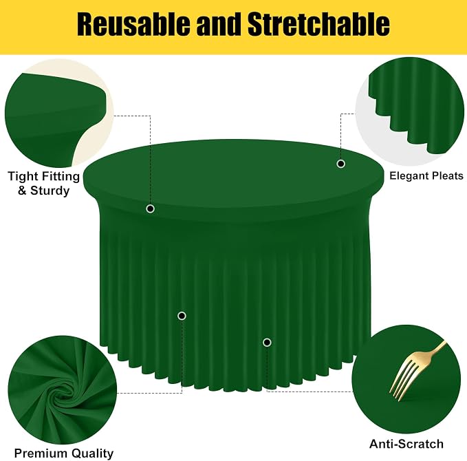 Smiry Round Spandex Tablecloth 2 Pack, Elastic Fitted Washable Tablecloths for 72 Round Tables, Waterpoof Stretch Table Cover Skirt for Outdoor, Wedding, Banquet & Parties, Emerald Green