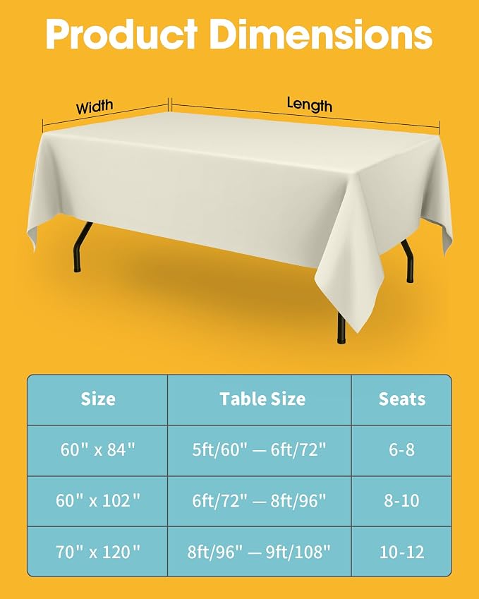 Niuara Ivory Rectangle Table Cloth - 6 Pack, 60" x 102" Washable Polyester Tablecloth for 5FT Tables, Wrinkle-Resistant Table Cover for Weddings & Parties