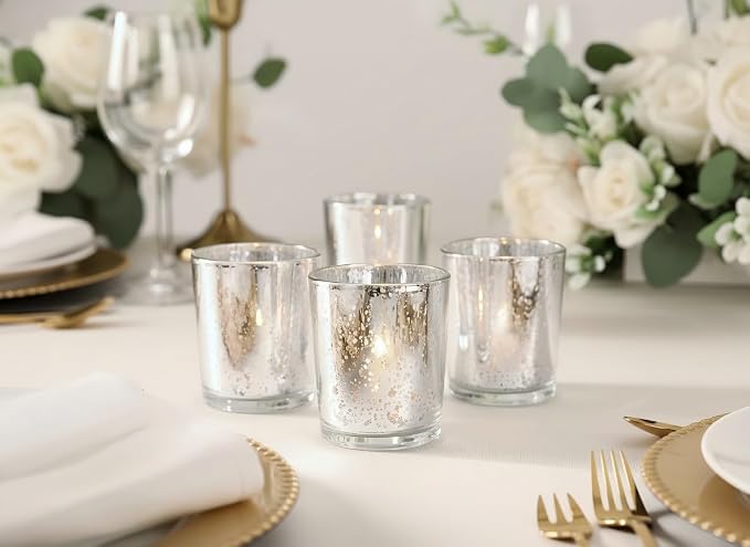 LETINE 48pcs Silver Votive Candle Holders – Glass Tea Light Candles Holder, Standard Votive Size for Regular Votive Candles – Bulk Candle Holder for Party Decoration, Bridal Shower, Holiday