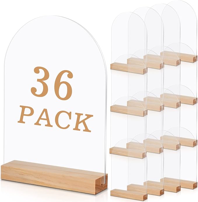 Unittype 36 Pack 5 x 7 Inch Clear Arch Acrylic Sign with Wooden Stands Round Top Blank Arch Acrylic Table Numbers Sign Ideal for DIY Menu Numbers and Name Card Wedding Party Reception