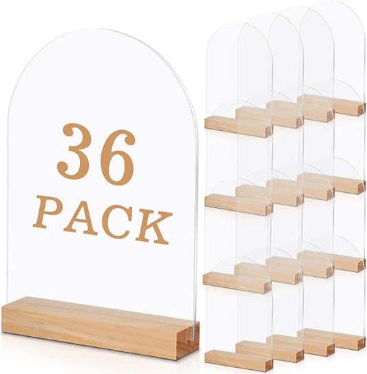 Unittype 36 Pack 5 x 7 Inch Clear Arch Acrylic Sign with Wooden Stands Round Top Blank Arch Acrylic Table Numbers Sign Ideal for DIY Menu Numbers and Name Card Wedding Party Reception