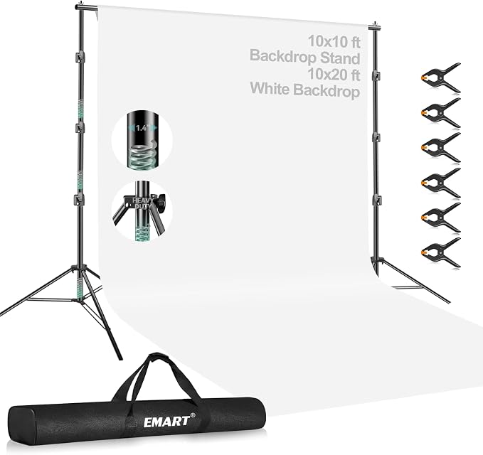 EMART Portable Photography Backdrop Stand Kit 10 x 10 ft with 10 x 20 ft White Backdrop, Adjustable Background Support System for Photo Video Studio, Photoshoot, Party, Live Game, Interviews