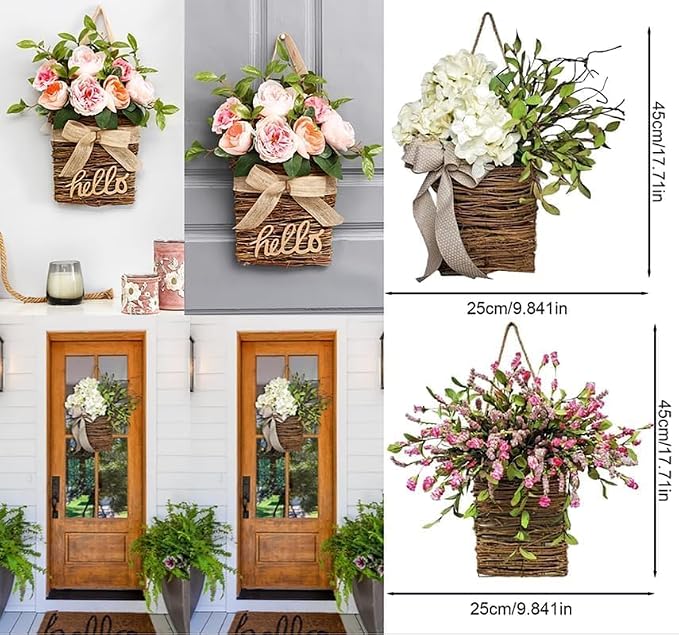 Cream Hydrangea Door Hanger Basket Wreath - Farmhouse Spring Wreath with Wildflowers, Mother's Day Decor, Artificial Rattan Hanging Basket for Porch, Wall, Home Decor