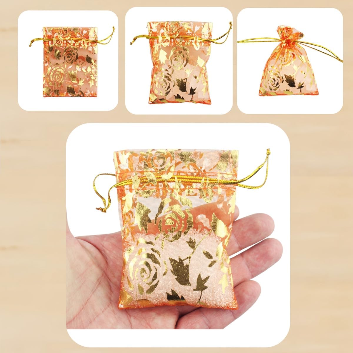QIANHAILIZZ 100 Pack 2.8 x 3.5 Inch Flower Heart Organza Jewelry Gift Pouch Candy Pouch Drawstring Wedding Favor Bags B511S (orange gold flower)