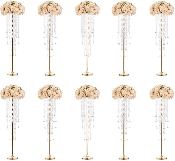 10 Pcs 39.4" Gold Flower Vase with Chandelier Crystal, Centerpiece Table Decorations, Metal Stand for Wedding, Reception, Party, Events, Home