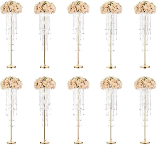 10 Pcs 39.4" Gold Flower Vase with Chandelier Crystal, Centerpiece Table Decorations, Metal Stand for Wedding, Reception, Party, Events, Home
