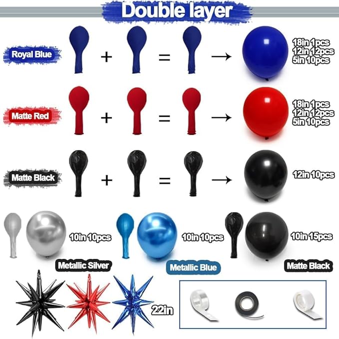 Red Blue Black Balloon Arch Garland Kit Double Stuffed Black Red Balloons Royal Blue Silver Balloon Garland with Star Foil Balloons for Baby Shower Birthday Graduation Spider Hero Themed Party Decor