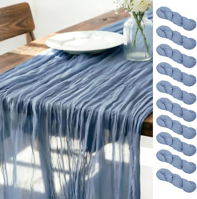LINXTAR Dusty Blue Cheesecloth Table Runner 10 Pack 120 Inches 10Ft Gauze Summer Boho Table Runner for Wedding Tea Party Baby Shower Bridal Birthday Home Decoration