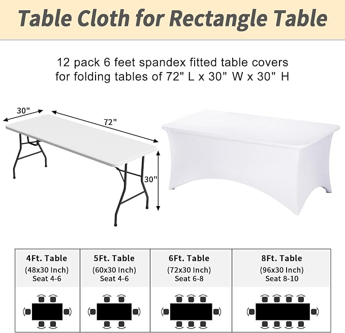 Fixwal 12 Pack White Tablecloth Rectangle 6Ft, Stretch Spandex Fitted Table Cover for Party, Trade Show, Wedding, Buffet, Graduation, Vendor Stand
