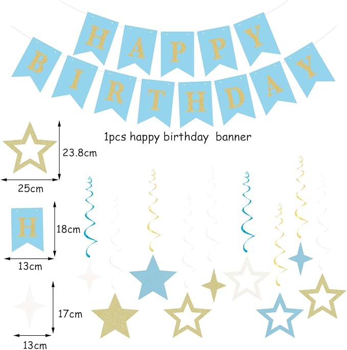 Light-Dusty Blue Beige-Champagne Birthday Party-Decorations - 19pcs Boho Neutral Streamers Banner,Paper Star Garland Lanterns Honeycomb Fan,Tissue Pom Poms,Wall Ceiling Backdrop Supplies Ouruola