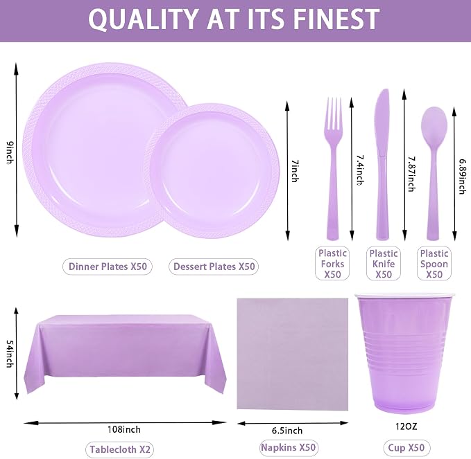 352 Pcs Lilac Plastic Plates Party Set, 50 Guests Disposable Dinnerware Set with Light Purple Tablecloths, Soft Lilac Plastic Plates Party Set for Baby Shower/Bridal Shower/Tea Party/Spring Event