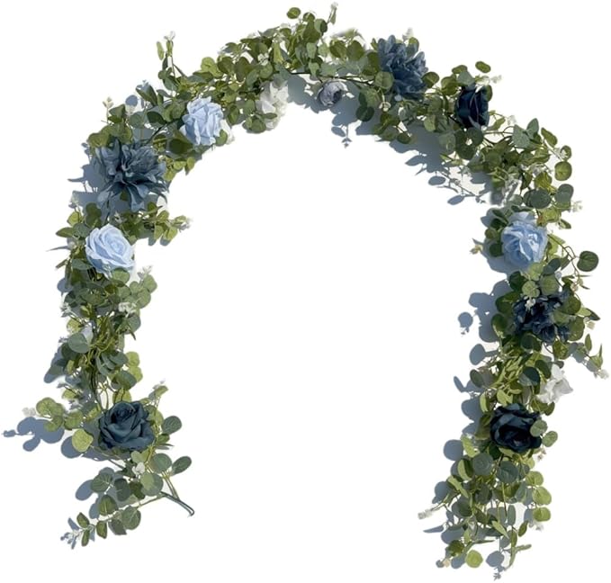 Artificial Flower Garland，6.5Ft Fake Dahlia Rose Flowers Garland Floral Eucalyptus Greenery Vine for Wedding Arch，Table Runner Centerpieces Backdrop Room Wall Hanging Plant Decor（Blue）