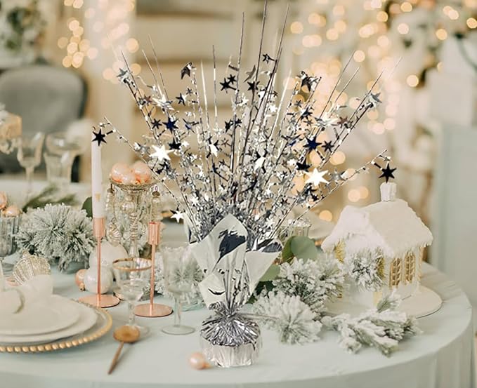 FUBININA 12 Pack Metallic Foil Spray Centerpiece Star Table Decoration Burst Table Centerpieces for New Years Nye Birthday Wedding Anniversary Graduation Holiday Party Supplies Decor, Silver