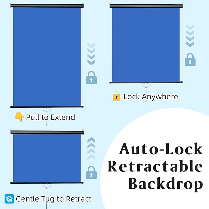 Retractable Blue Photography Backdrop 36" x 59", Portable Roll-Up, Pull-Down Background, Auto-Lock Backdrop Screen for Passport Photo, Product Photography, Headshots, Video Studio
