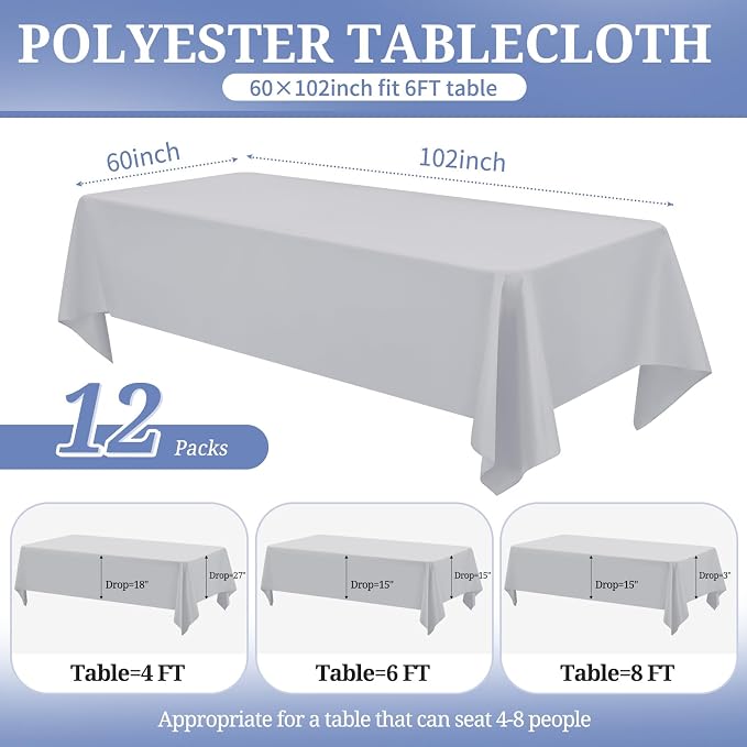 12 Pack Light Grey Tablecloths for Rectangle Tables 60 x 102 Inch Polyester Tablecloth 6 Foot Rectangle Table Cloth Washable Fabric Table Cover for Party Wedding Banquet Events