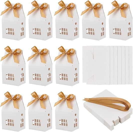 NBEADS 24 Pcs House Shaped Party Boxes, 2.83x2.04x4.92 Inch Candy Gift Case with Polyester Ribbon Hollow Cardboard Paper Treat Boxes with Small Windows for Dessert Wedding Wrapping, White