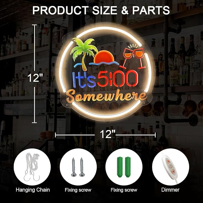 Its 5:00 Some Where Neon Sign for Wall Décor - 17"x13" Beer Led Sign for Business with Dimmable Switch - Bar Signs for Home Bar Beach Party Setups Powered by 5V USB