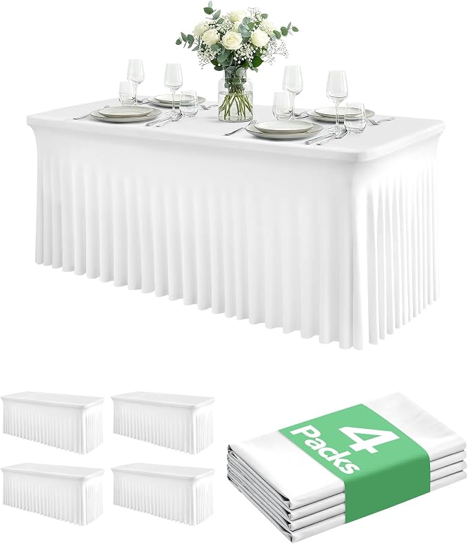 4 Pack Spandex Table Cover Skirts for 6ft Rectangle Tables, White Stretch Table Cloths with Floor-Length Ruffle, Elastic Fitted Skirted Tablecloth for Elegant Wedding Banquet Party Buffet Decoration
