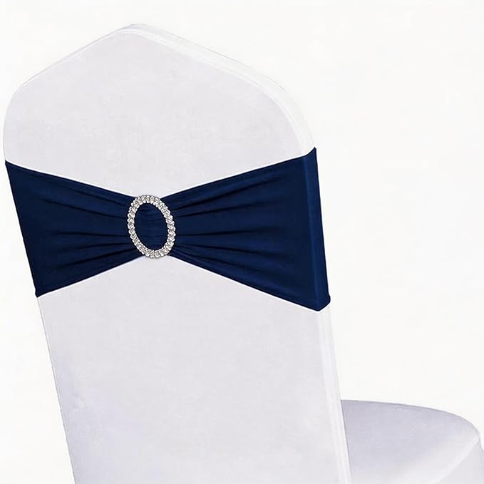 Pack of 100 Spandex Navy Blue Chair Sashes Bows Elastic Chair Bands with Buckle Slider Sashes Bows for Wedding Decorations Without White Covers (Navy)
