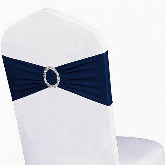 Pack of 50 Spandex Navy Blue Chair Sashes for Party Decorations, Elastic Chairs Bands with Buckle Slider, Chair Bows for Wedding Reception, Without White Seat Covers (Navy)