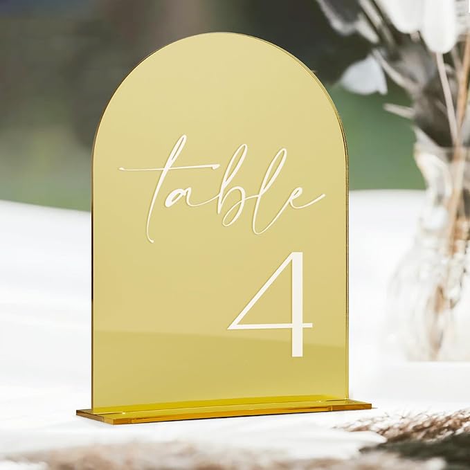 HOODO Gold Mirror Acrylic Wedding Table Numbers 1-15 with Stands, 5"x7" Arched Acrylic Sign and Holder, Gold Mirror Arch Table Numbers for Wedding Reception, Party, Anniversary, Event