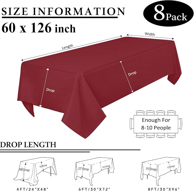 8 Packs Burgundy Tablecloth Rectangle 60x126 Inch Rectangular Table Cloths for 8ft Rectangle Tables, Wrinkle Resistant Polyester Fabric Washable Table Covers for Wedding Party Buffet