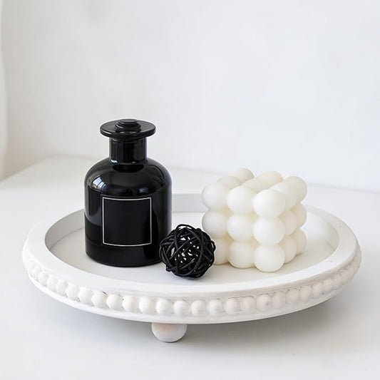 Decorative Tray for Coffee Table, Round Wooden Tray for Decor -White Beaded Distressed Rustic Farmhouse- Table Centerpieces for Dining Room Entryway Kitchen Counter Living Room