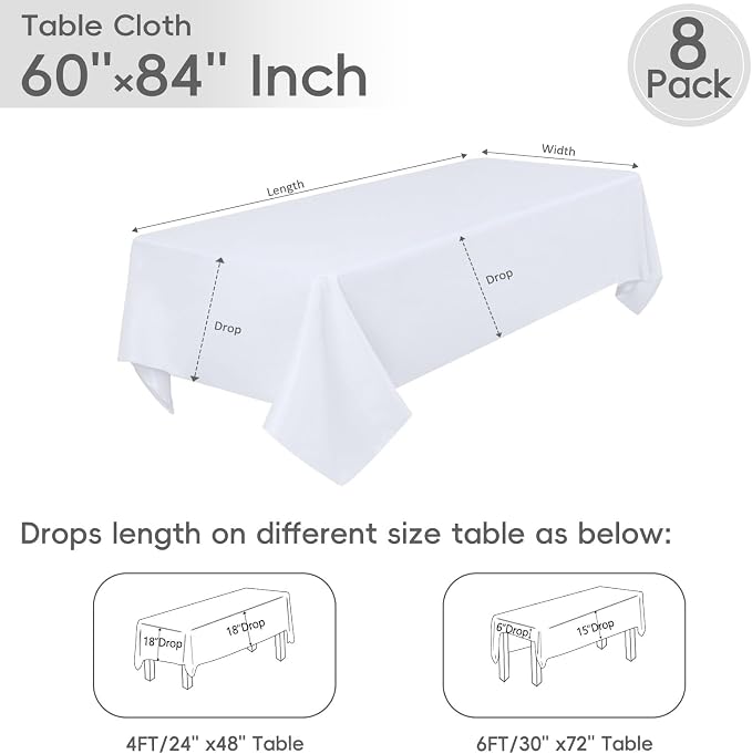 8 Pack White Table Cloth Rectangle 60 x 84 Inch Rectangular Tablecloth for 4 Foot Tables, Wrinkle Resistant Washable Rectangle Fabric Table Covers for Wedding Party Banquet Buffet and Camping