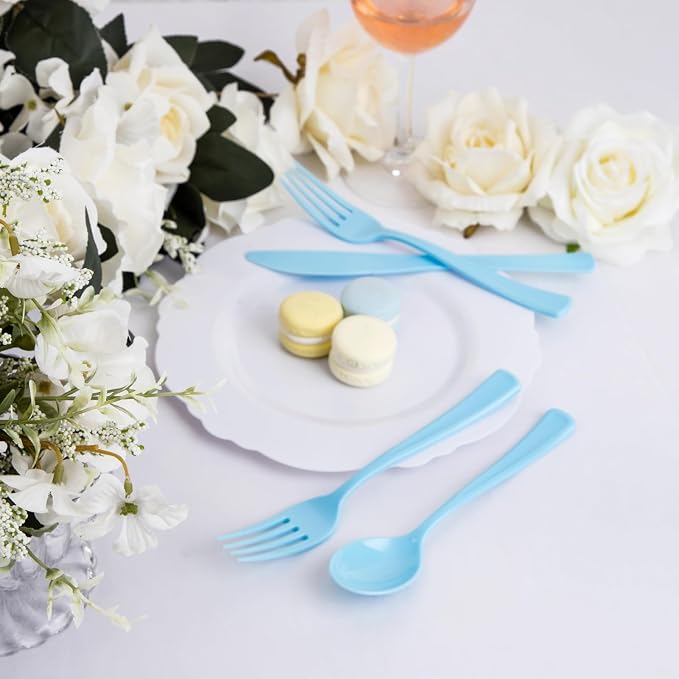 WDF 160 Piece Blue Plastic Silverware - Heavy Duty Blue Silverware Includes 80 Forks, 40 Spoons, 40 Knives, Disposable Plastic Utensils Perfect for Wedding/Birthday/Party