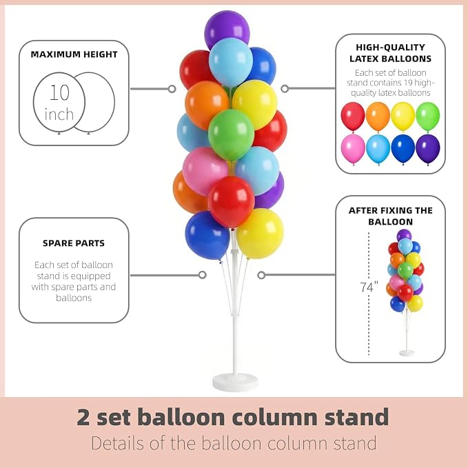 Balloon Column Kit Set of 2 With Balloons Assorted Color - Balloon Stand with Base&Pole,Balloon Tower Backdrop Decoration for Wedding, Baby Shower, Birthday Party, or Bachelorette Parties