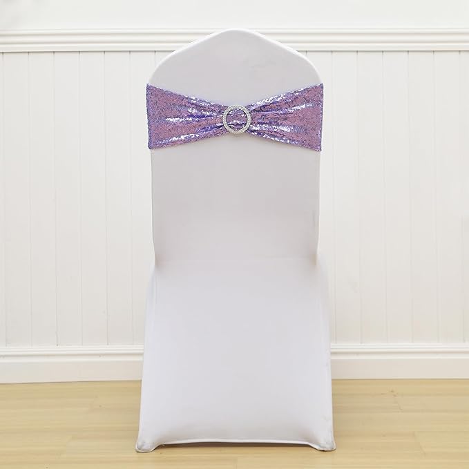 Sequin Lavender Chair Sashes for Wedding Decor, Light Purple Chair Bands with Buckles, Sequins Chair Bows Ties for Party Ceremony Event Christmas Decorations, 50 Pack